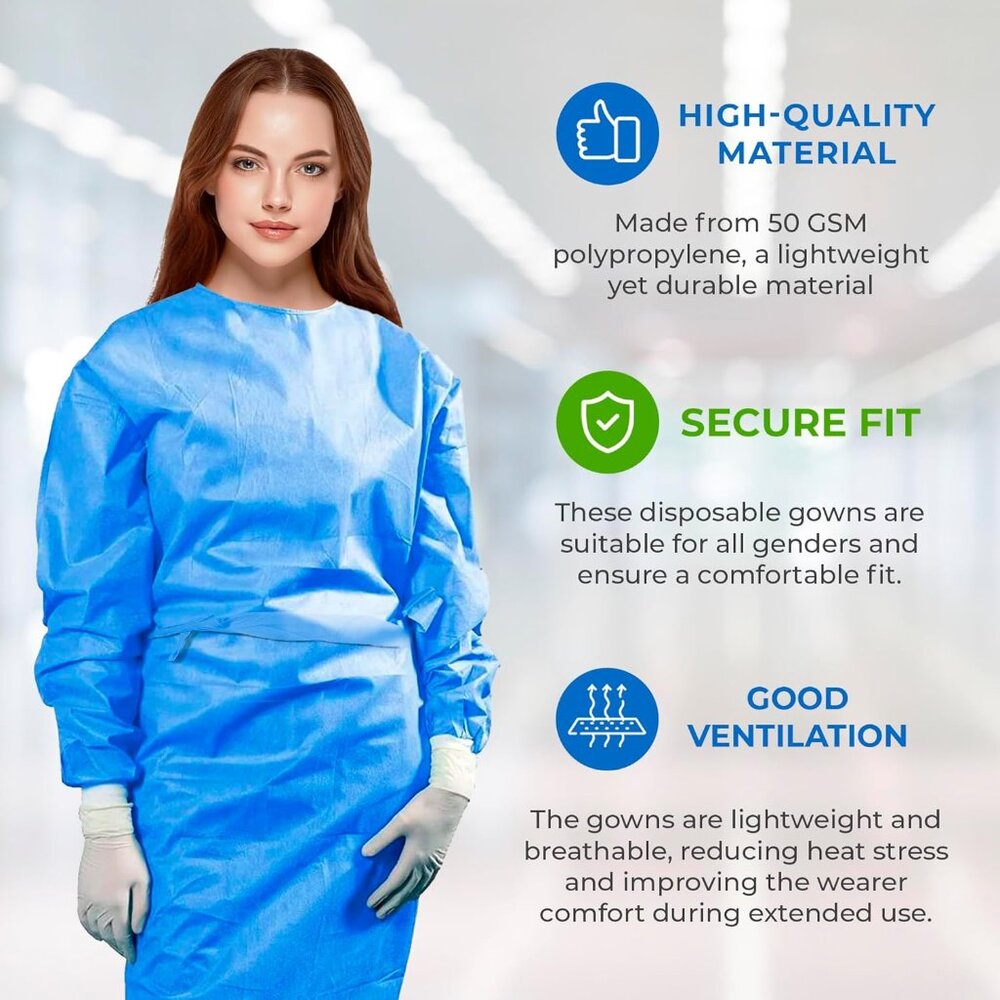 60 Disposable PPE Isolation Gown Knitted Cuffs Double Tie for Medical Dental Lab